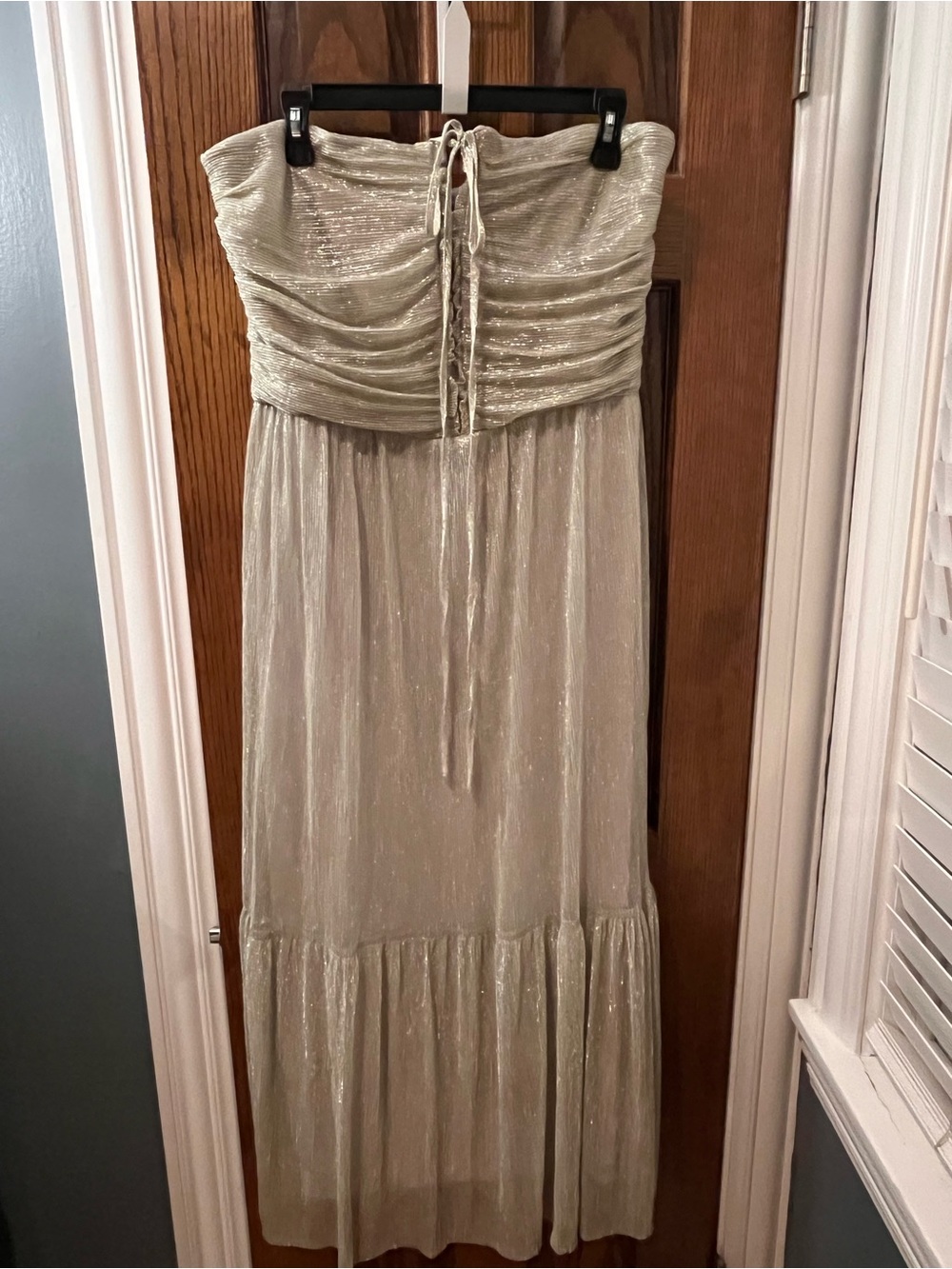 Silver-Trim Strapless Ruched Maxi Dress